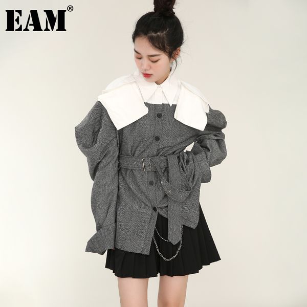 

[eam] loose fit gray shaped bandage jacket lapel long lantern sleeve women coat fashion autumn winter 1dd350702 210512, Black;brown