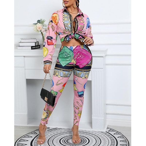 

women's two piece pants autumn 2021 printed long sleeved shirt + casual fashion set two-piece of high-quality home pajamas, White