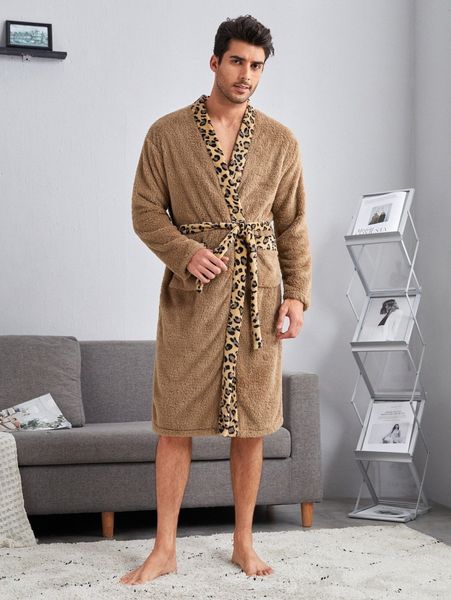 

men contrast leopard trim belted teddy robe l2er#, Black;brown