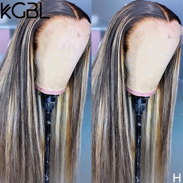 

lace wigs kgbl highlight stright 13x4 front human hair 130% density 8-24'' pre-plucked non-remy for women brazilian medium, Black;brown