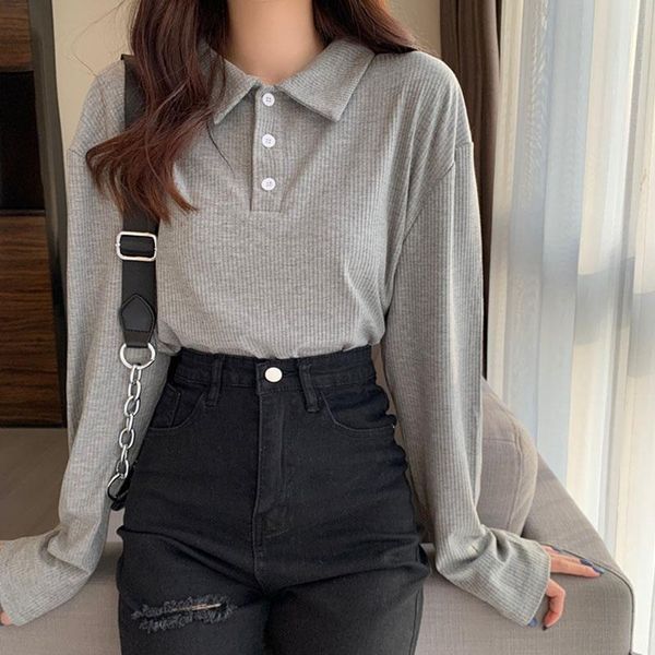

women's t-shirt spring female loose short style bottoming shirt women turn down collar thin long sleeve solid color t-shirt/, White