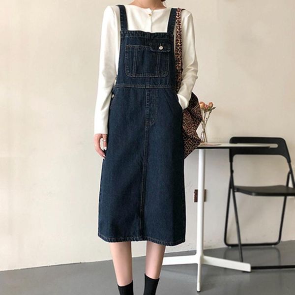 

casual dresses korean fashion denim sundress preppy style vintage midi jeans dress women suspenders female overalls, Black;gray
