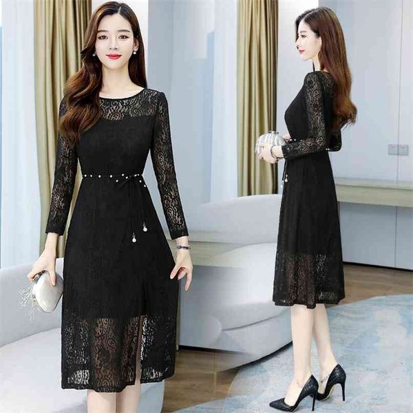

spring autumn plus size women bodycon dress vintage solid lace mesh split midi elegant party black vestidos 210528, Black;gray