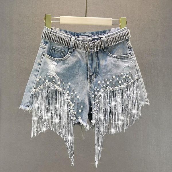 

women's jeans 2021 summer women denim shorts high waist wide leg pants slimming heavy beaded sequin fringed ripped fashion, Blue