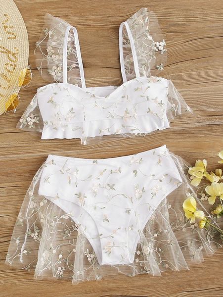 

floral embroidered mesh bikini swimsuit i4ql#, White;black