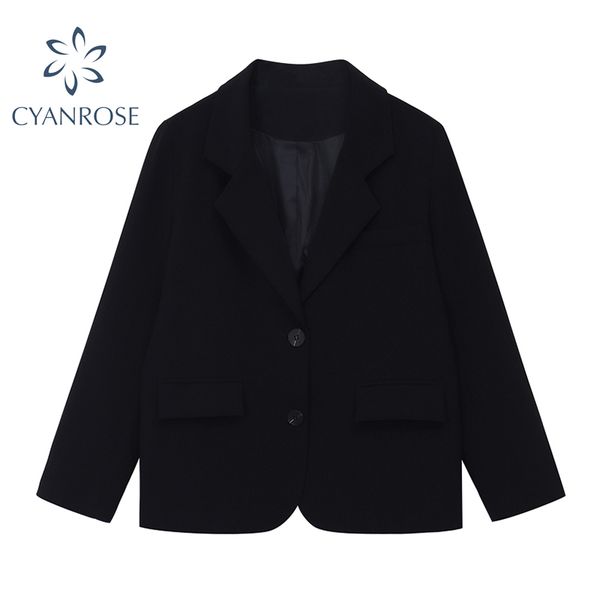 

black blazer jacket coat for women notched collar basic single breasted elegant outwear lady fashion loose vintage overcoat 210417, Black;brown