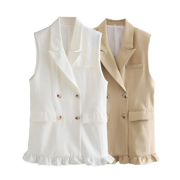 

women's vests office lady solid elegant long waistcoat double breasted sleeveless woman jacket summer 2021 chic ruffles patchwork, Black;white