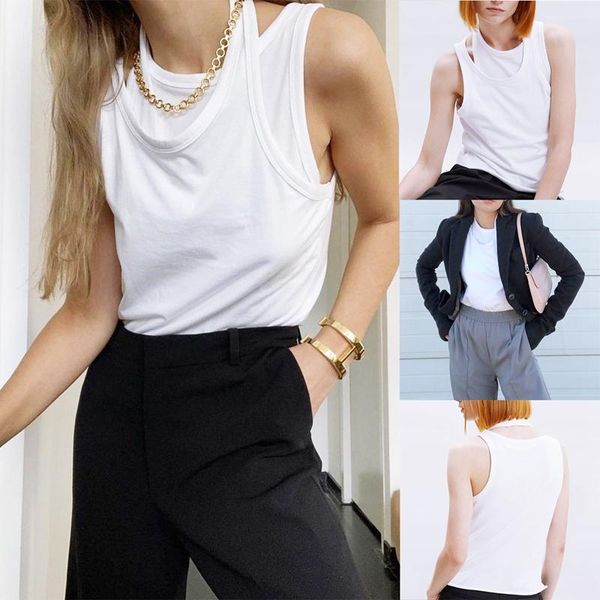 

women's tanks & camis kf-summer fashion casual cotton double shoulder strap vest solid color irregular camisole, White