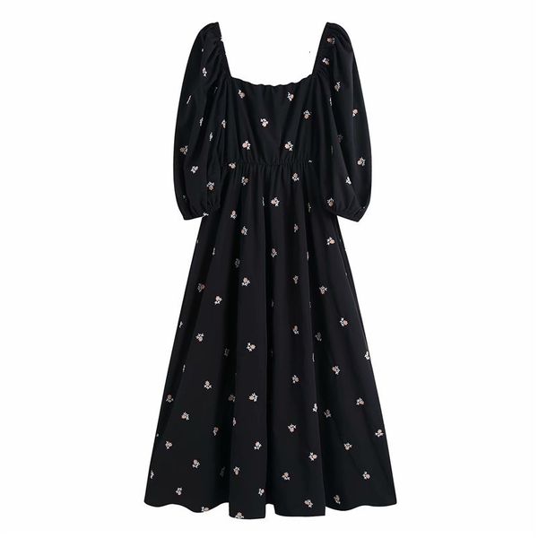 

casual dresses women spring fashion flower embroidery za black long female vintage square collar puff sleeve high waist dress hebh, Black;gray