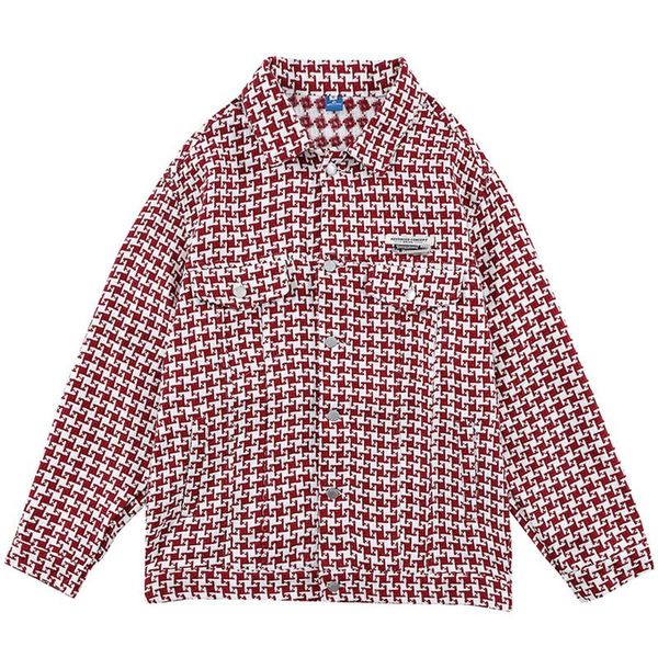 

men's jackets male harajuku loose houndstooth jacket multi-pocket outwear streetwear mens hip hop oversize retro red knitted, Black;brown