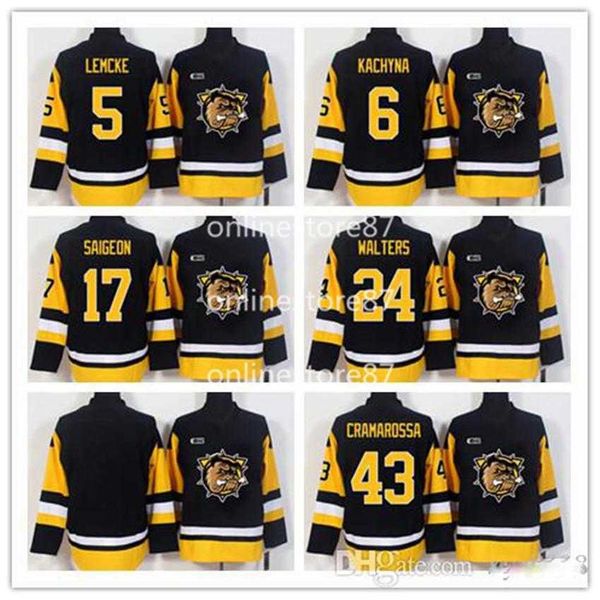 

hamilton bulldogs jerseys 5 justin lemcke 17 brandon saigeon 24 connor walters 43 michael cramarossa 6 ondrej kachyna hockey away jersey, Black