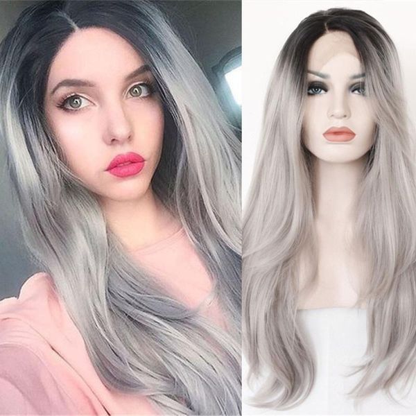 

synthetic wigs sinuo long wave womens natural middle part hair black grey ombre pre-plucking cosplay perruques heat resistant fiber