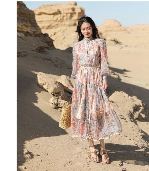 

casual dresses 2021 summer women's a-line dress retro court style printing waist chiffon floral seaside holiday fresh and sweet, Black;gray