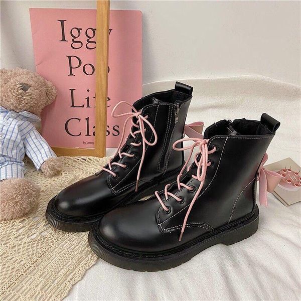 

boots shoes women pink bow ins punk british ankle thick bottom plus velvet all-match single genuine leather side zipper, Black