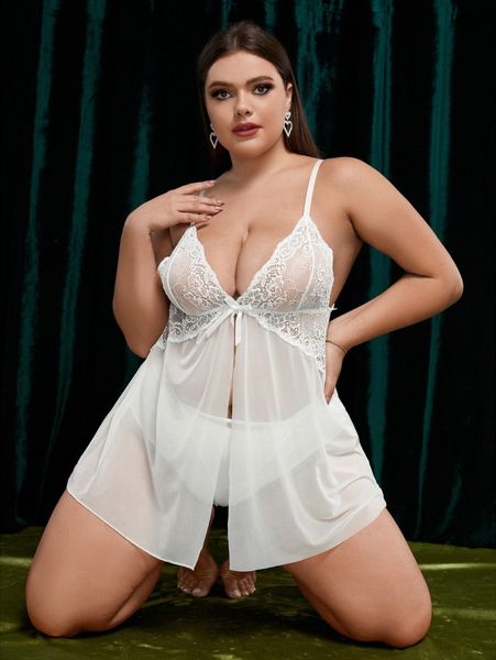 

plus contrast lace sheer mesh slips with thong i780#, Black;white