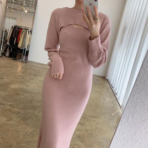 

casual dresses long sleeve knitted shawl and spaghetti strap sweater dress women 2021 autumn winter elegant y2k hollow out bodycon, Black;gray