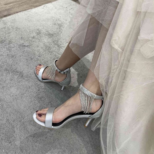 

80% off store online summer the new open toe sandals word women's shoes tassel rhinestone stiletto high heels fashion, Black
