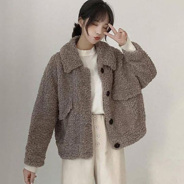 

women's fur & faux 2021 coat fleece jackets women fashion coats long sleeve casual pocket button outerwear abrigos para mujer, Black