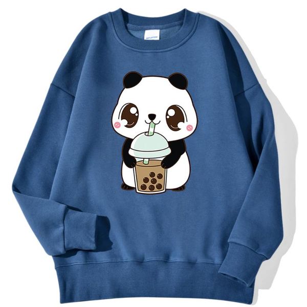 

sweatshirt little panda drinking milk tea print o-neck sweatshirts oversize loose hoodie women's streetwear fashion hoody womens hoodie, Black