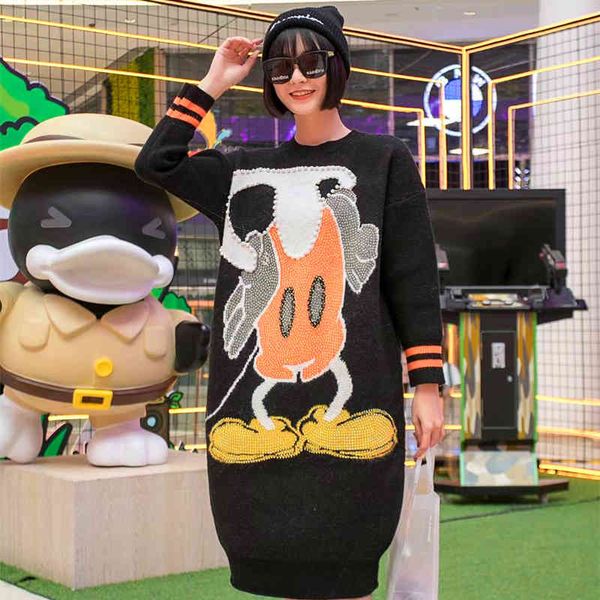 

sweaters women's europe station autumn and winter cartoon beaded long sweater women loose outside through the knee tide, White;black
