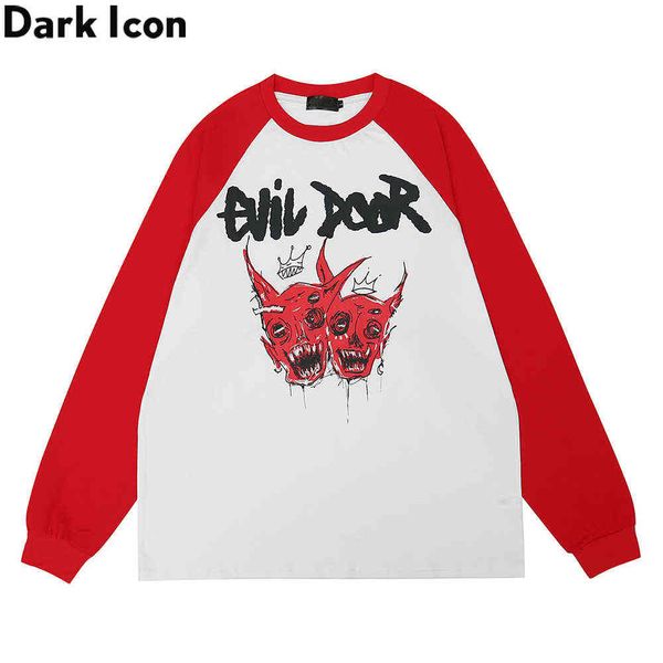 

off shoulder devil men's t-shirt long sleeve street color block tshirt men streetwear male 210603, White;black