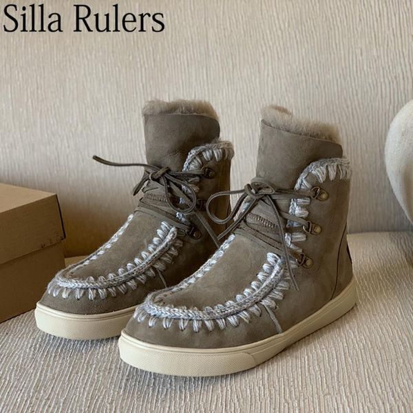 

boots winter fur snow woman genuine leather lace up ankle comfortable flat wool women warm shoes, Black