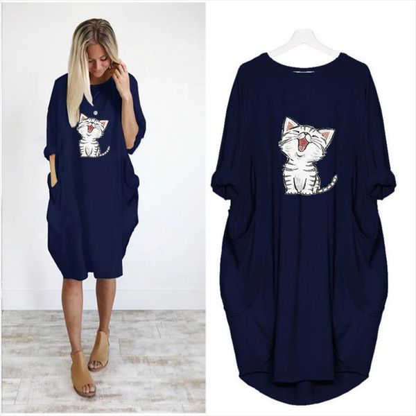 

autumn cartoon cat print cute women dress loose pocket vintage maxi clothes party casual woman, Black;gray