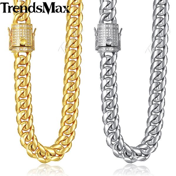 

trendsmax miami curb mens necklace chain 316l stainlsteel iced out cubic zirconia cz gold silver color 12/14mm 30inch khnm21 x0509, Black