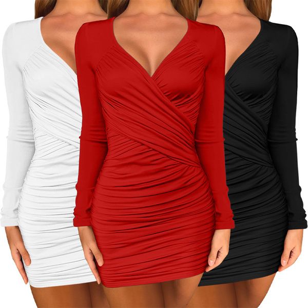 

white mini dress women spring v-neck long sleeve pleated tight black dress woman night club party red dresses vestidos 210414, Black;gray