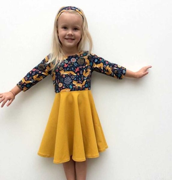 New Dress Girl Kids Children Children Roupas Algodão Cor Bloco Deer Veado Impresso Princesa O-pescoço Princesa Manga Longa Dress Girls Vestidos Q0716