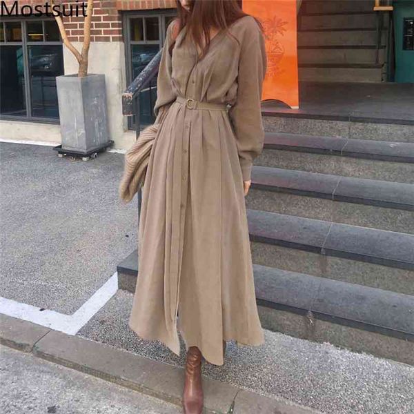 

korean v-neck long maxi dress women sleeve single-breasted solid belted a-line pleated fashion vintage vestidos 210518, Black;gray