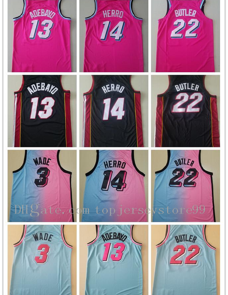 

men vintage retro basketball dwyane wade jersey 3 tyler herro 14 jimmy butler 22 kendrick nunn 25 black white red pink 100%stitched basketba, Black;red