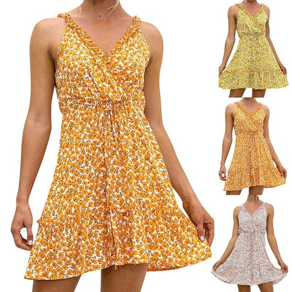 

casual dresses 2021 women dress boho floral ruffle sleeveless mini summer knot v-neck party holiday femme vestido de mujer, Black;gray