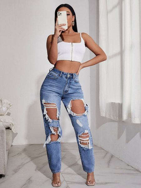 

sxy high waist light washed ripped straight jeans h8q0#, Blue