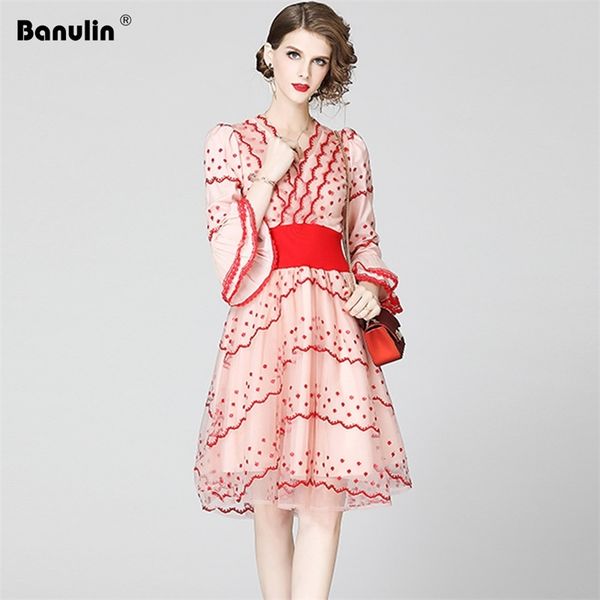 

banulin fashion designer runway dress spring summer women flare sleeve v-neck mesh floral embroidered elegant party dresses 210603, Black;gray