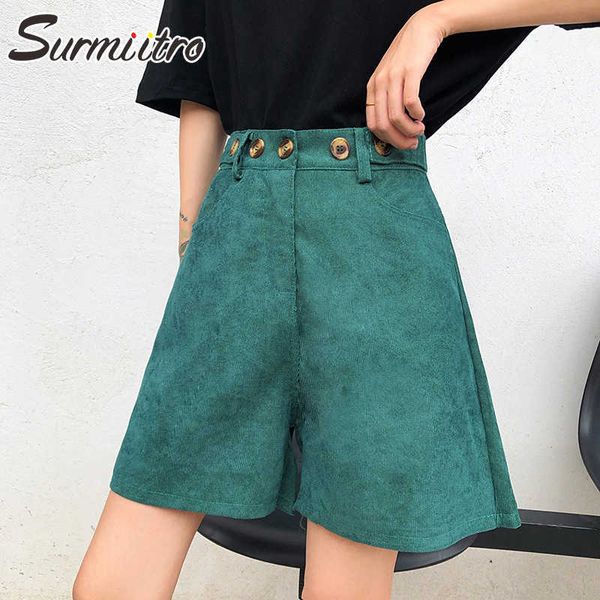 Surmiitro Verão Corduroy Largo Perna Shorts Mulheres Estilo Coreano Moda Vintage Verde Alto Cintura Calça Curta 210712