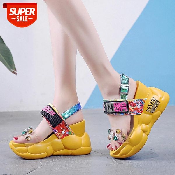 

platform sandals women 2020 chunky super high heels white summer fashion transparent diamond wedge rhinestone #jo7c, Black