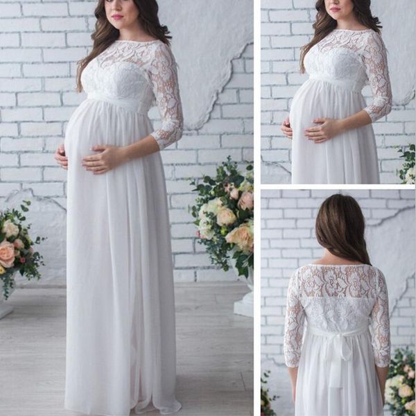 

european and american long-sleeved lace fight press pregnant women loose tail one-piece dress for maternity dresses, White