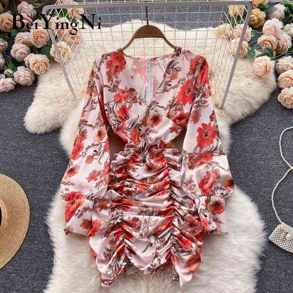 

beiyingni club mini dress for women floral print v-neck long sleeve chiffon dresses ladies pleated pink oversized vestidos y1204, Black;gray
