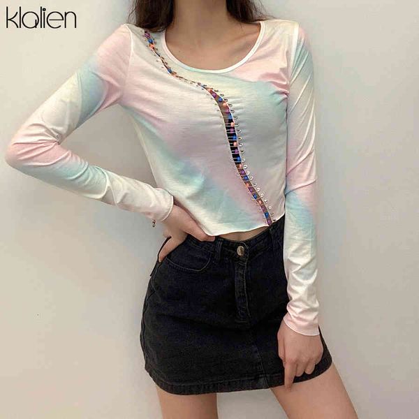 

t shirt fashion elegant female long sleeve o neck slim beaded color simple basic street office lady t shirt, White