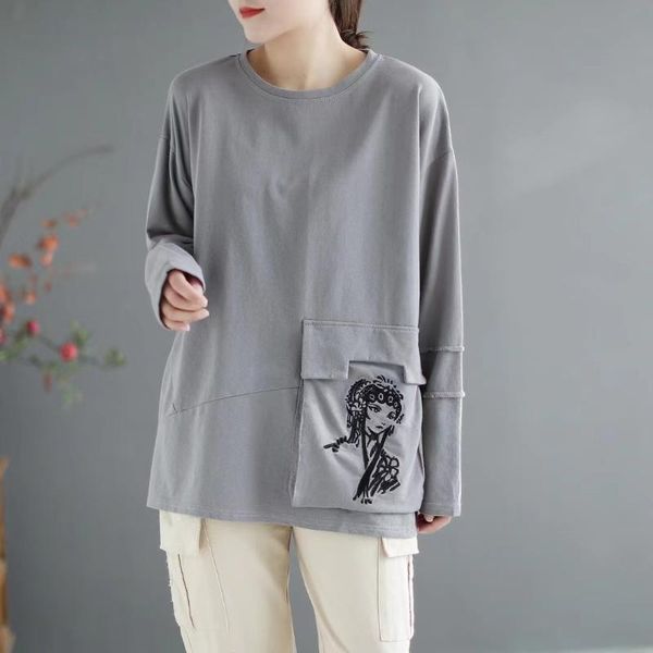 

women's t-shirt women casual retro chinese style embroidery patchwork loose plus size long sleeve round neck pocket cotton tees, White
