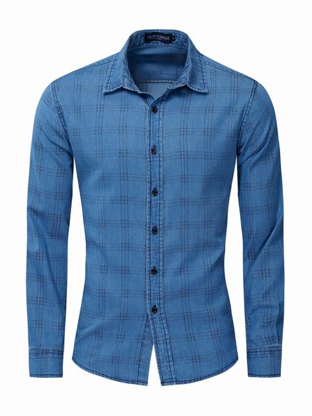 

men plaid button up denim shirt m439#, Blue