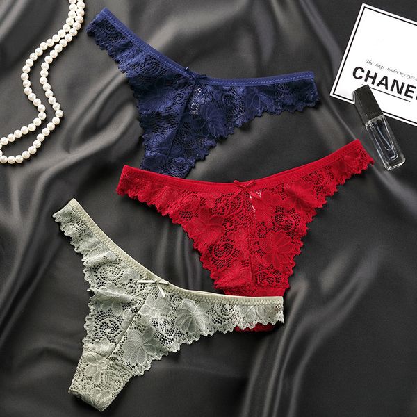

panties women lace thong hollow-out transparent briefs cotton crotch g-string set underwear lingerie 3 pcs/lot dropshipping, Black;pink