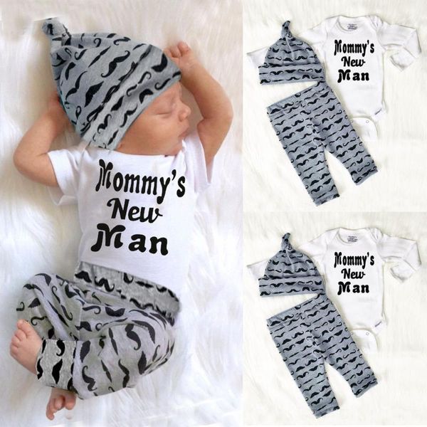 Berets Nette 3PCS Set Baby Jungen Kleidung Schöne Mama der Mann Schnurrbart Druck Body Tops Lange Hosen Hut Outfits 0-18M