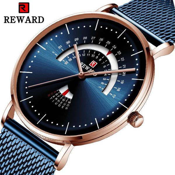 

wristwatches reward 2021 brand watch men waterproof business double calendar minimalism dial mesh belt quartz relogio masculino, Slivery;brown