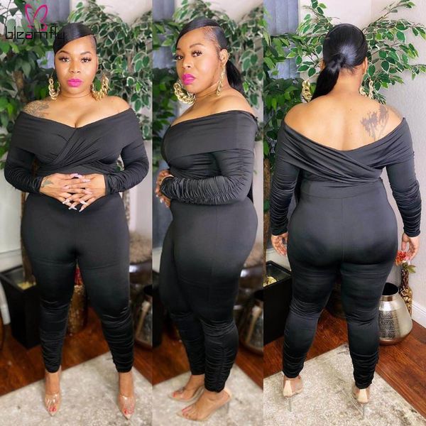 

large big plus size nightclub pleated off shoulder rompers womens jumpsuit black bodycon one piece club outfits 4xl 5xl women's jumpsui, Black;white