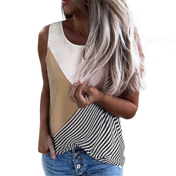 

women's t-shirt 2021 hit color striped stitching women casual summer sleeveless vest tees plus size loose streetwear round neck 3xl, White
