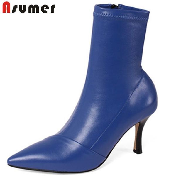 

boots asumer 2021 arrive ankle women pointed toe zipper slim thin high heel party wedding shoes ladies elastic, Black