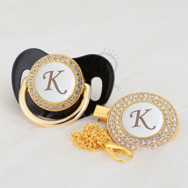 

pacifiers# miyocar bling white name initials letter k pacifier and clip set bpa safe lovely gold dummy lk-w