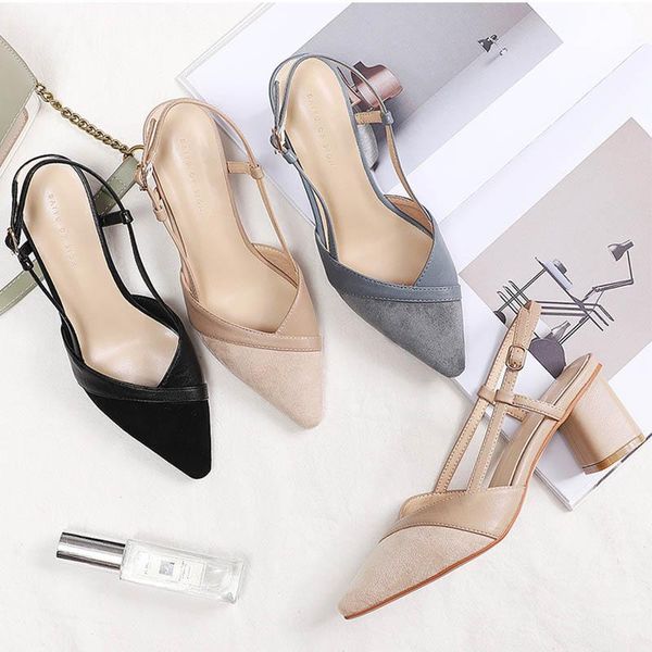 

dress shoes patchwork pu pointed toe slingback flock pumps women buckle band gladiator sandals closed chunky high heels woman 2021, Black
